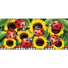 Ladybugs and sunflowers design on mini mat, red ladybugs with black spots on bright yellow flowers.