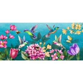 Springtime Hummingbirds Mini Mat with colorful hummingbirds, pink flowers, and yellow blooms on blue background.