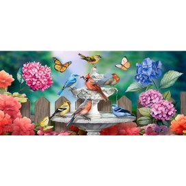 Spring Bath Birds Mini colorful mat with garden scene and birds around a fountain and flowers.