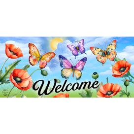 Butterflies and Poppies Mini Mat with colorful butterflies, red poppies, and Welcome text on blue background.