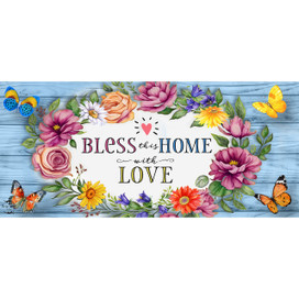 Bless This Home With Love Mini Mat with colorful flowers, butterflies on blue wooden background.