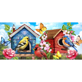 Floral Birdhouse Mini Mat with colorful birdhouses, birds, butterflies, and flowers on a blue background.