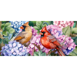 Perched Cardinals Mini Mat, red and brown cardinals on blue and pink hydrangeas, green leaves.