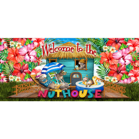 Summer Nuthouse Mini Mat, colorful doormat with cartoon squirrels, tropical flowers, and blue house design.