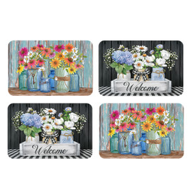 Four Spring Mason Jars placemats with colorful flowers and welcome sign on rustic background.