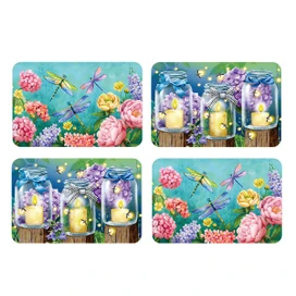 Four colorful garden placemats with floral design, dragonflies, and candle in a jar on wooden stumps.