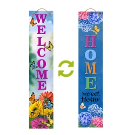 Spring Flowers Pine Reversible Porch Leaner with Welcome and Home designs, colorful flowers and butterflies.