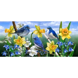 Bluebirds on a branch with blue, white, and yellow flowers, mini mat with floral design.