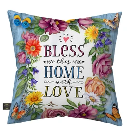 Bless This Home With Love floral throw pillow with colorful flowers and butterflies on blue background.