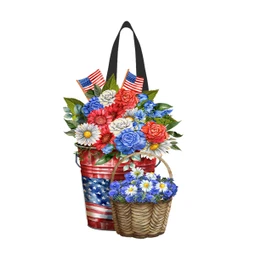 Red White and Beautiful Wood Door Hanger with flowers in a basket and patriotic theme.