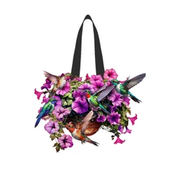 Hummingbirds and Petunias colorful wood door hanger with vibrant pink flowers and green birds.