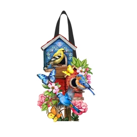 Floral Bridhouses Wood Door Hanger with colorful birds, butterflies, and flowers on a wooden background.