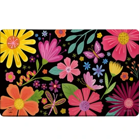 Spring Fling Comfort Mat with colorful floral design on black background, pink, yellow, orange flowers.