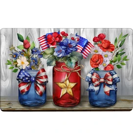 American Flowers Comfort Mat with patriotic mason jars and floral design in red, white, and blue.