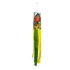 Sunflower Barn Windsock Wind Twister with red barn, sunflowers, green and yellow ribbons hanging freely.