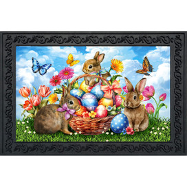 Springtime Bunnies Doormat with colorful eggs, flowers, and bunnies on a green grassy background.
