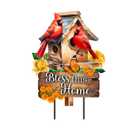 Bless This Home Cardinal Metal Art sign with two red cardinals, birdhouse, and orange flowers.