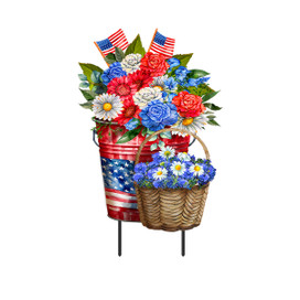 Red White and Beautiful Metal Art with patriotic flowers and American flags on a decorative stand.