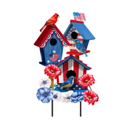American Birdhouses Metal Art, patriotic birdhouses with birds and flowers on a decorative metal stand.
