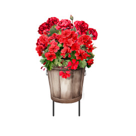 Red striped geraniums in a wooden planter with metal stand, vibrant flowers and green leaves.