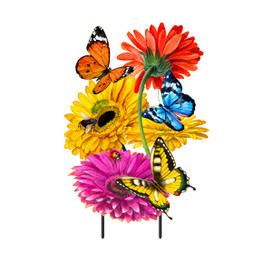 Garden Gerber Daisies metal art with colorful butterflies and flowers in pink, yellow, orange, and blue.