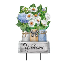 Metal art featuring Crated Mason Jars with flowers on a Welcome sign with a rustic design.
