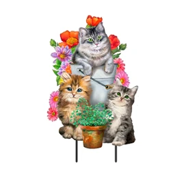 Garden Cats Metal Art with three cats, flowers and a potted plant on metal stand.