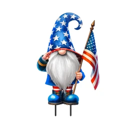 Saluting Gnome Metal Art with stars hat and USA flag on white background, patriotic garden decor.