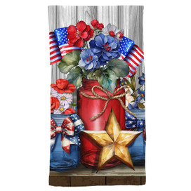 American Flowers Cotton Hand Towel with patriotic floral design and star on rustic wood background.