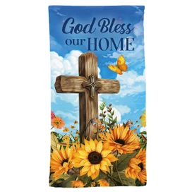 God Bless Our Home cotton hand towel with cross, sunflowers, and butterfly design on blue background.