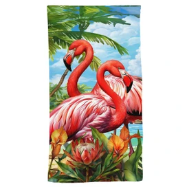 Flamingo Pair Cotton Hand Towel with vibrant pink flamingos, tropical flowers, and green palm leaves design.