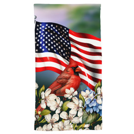 American Cardinal cotton hand towel with USA flag, red cardinal, and white flowers design.