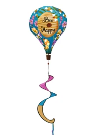 Happy Beehive Hot Air Balloon Spinner with colorful flowers and Bee Happy text on blue background.