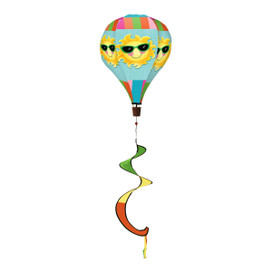 Hello Summer Sun Hot Air Balloon Spinner with colorful sun faces and rainbow tail decoration.
