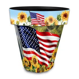 American Sunflowers Large Planter with USA flag and sunflowers design on a white background.