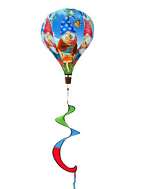 Gnome Sweet Gnome hot air balloon spinner with colorful ribbon, gnome design on blue background.