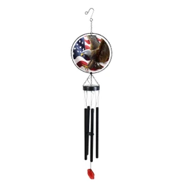 Freedom Eagle Illuminated Wind Chime with American flag and eagle design, black tubes, red pendant.