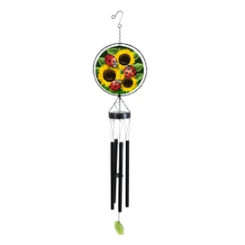 Ladybugs and Sunflowers Illuminated Wind Chime with black tubes and metal hook and sunflower design.