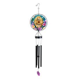 Happy Beehive Illuminated Wind Chime with colorful floral design and black tubes and purple pendant.