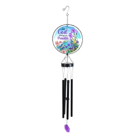 Wind chime with God is with you text and colorful floral design and four black tubes.