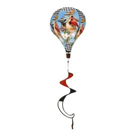 Bless This Home Cardinal hot air balloon spinner with house and red bird design on blue background.