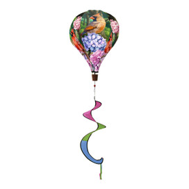 Perched Cardinals Hot Air Balloon Spinner with colorful ribbon, featuring birds and flowers design.