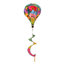 Garden Gerber Daisies hot air balloon spinner with colorful floral design and spiral tail decoration.