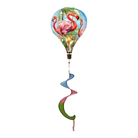Flamingo Pair Hot Air Balloon Spinner with colorful ribbons and pink flamingos on blue background.