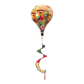 Sunset Parrot Hot Air Balloon Spinner with colorful parrots and green, red, and yellow tail.