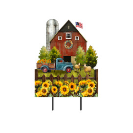 Sunflower Barn Metal Art garden sign with red barn, blue truck, sunflowers, and sheep decoration.