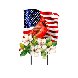 American Cardinal Metal Art garden flag with USA flag, red cardinal, and white flowers design.