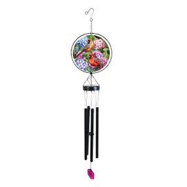 Perched Cardinals Illuminated Wind Chime with colorful bird design and black tubes and purple pendant.