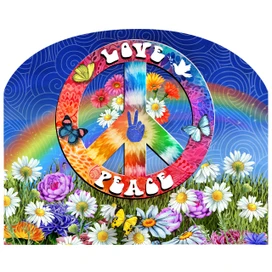 Vibrant Peace and Love acrylic art sign with colorful flowers, butterflies, and rainbow background peace symbol.