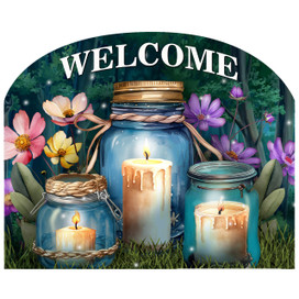 Be a Light Jars Acrylic Art Sign with lit candles and welcome text on floral background.